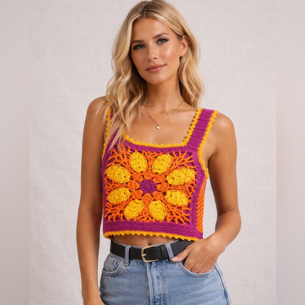 Vintage 1970s Charlie’s Girls Crochet Tank Top by Erica Elias – Bold and Bright